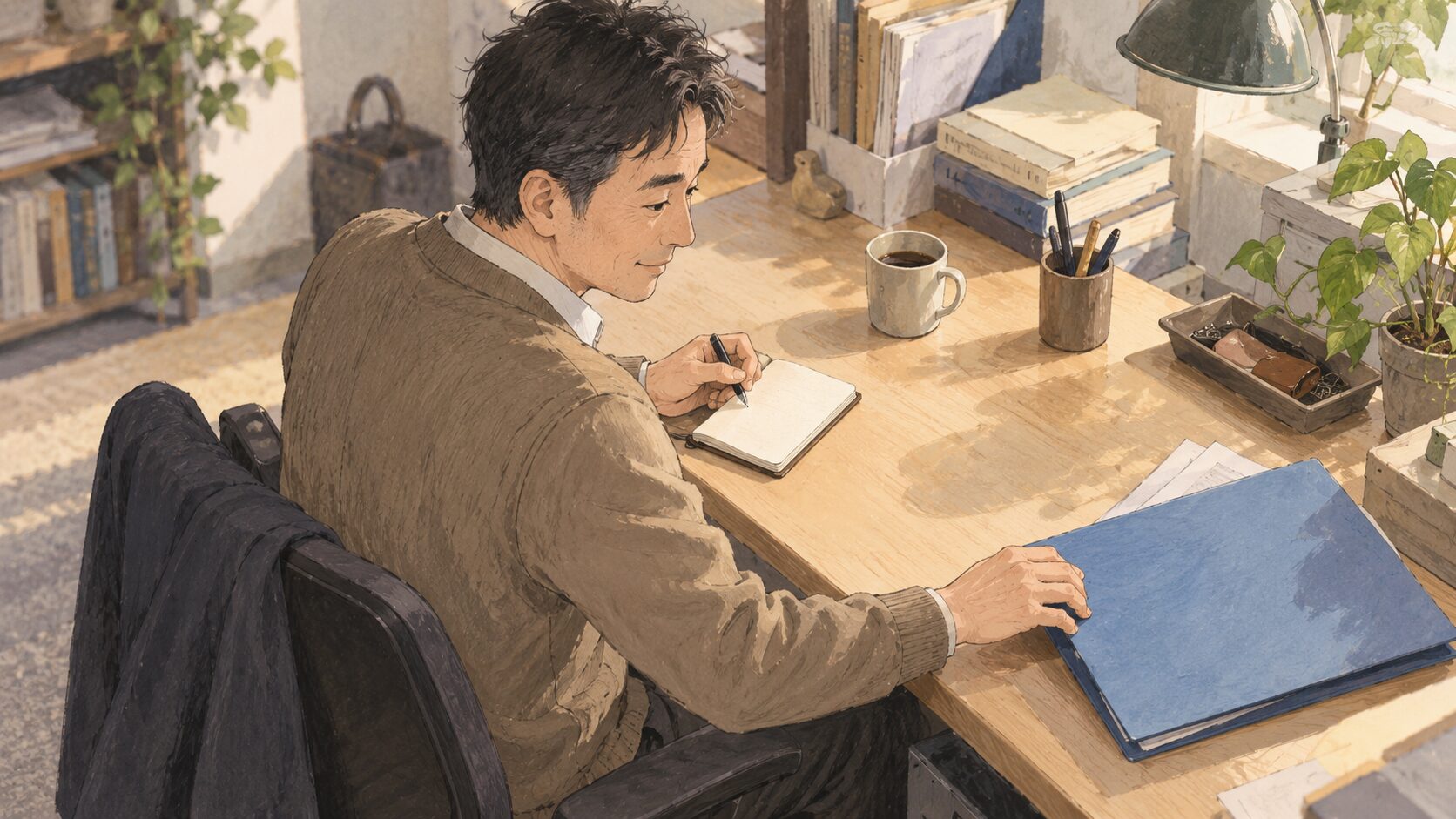模擬職場で利用者が小さなメモ帳へ思いつきを一行残し、机上の一つの青いフォルダー作業へ戻る