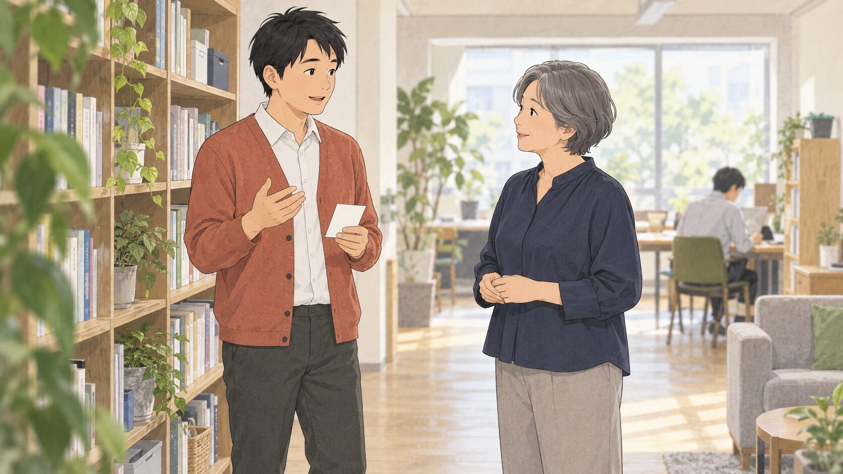 模擬職場の書棚前で、利用者が一枚の無地メモを手に立ち、支援員へ要件を短く相談する