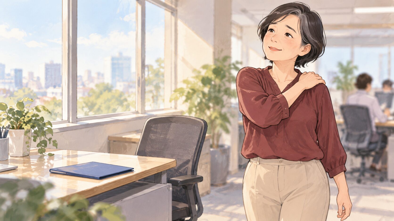 模擬職場の窓辺で、利用者が作業を終えて机から少し離れ、肩を回しながら疲れに気づく