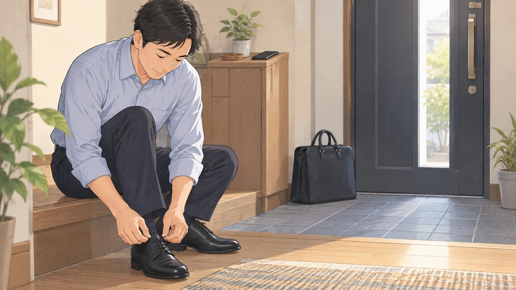 朝の玄関で靴ひもを結び、出発準備を終える40代男性