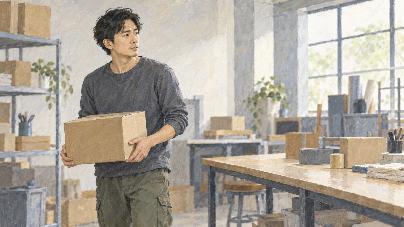 模擬職場で箱を持ったまま次の作業場所を見て、手順が不明確になった場面に気づく30代男性