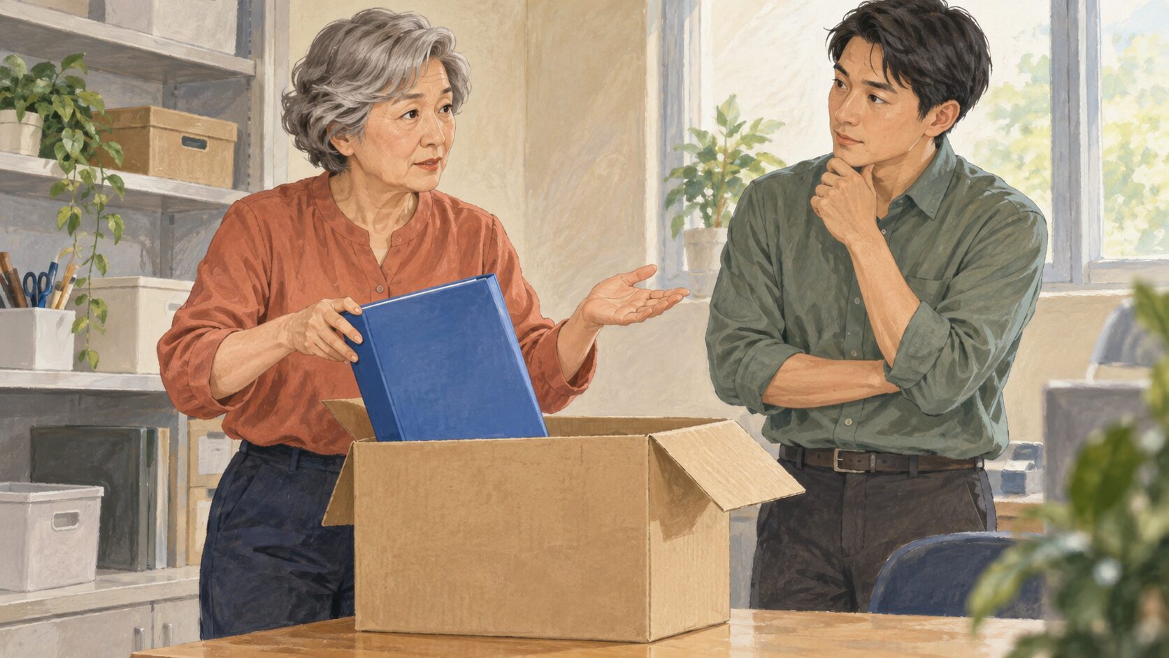 模擬オフィスの備品コーナーで、60代女性が誤って入れた無地の青いファイルを箱から戻しながら30代男性支援員へ報告する