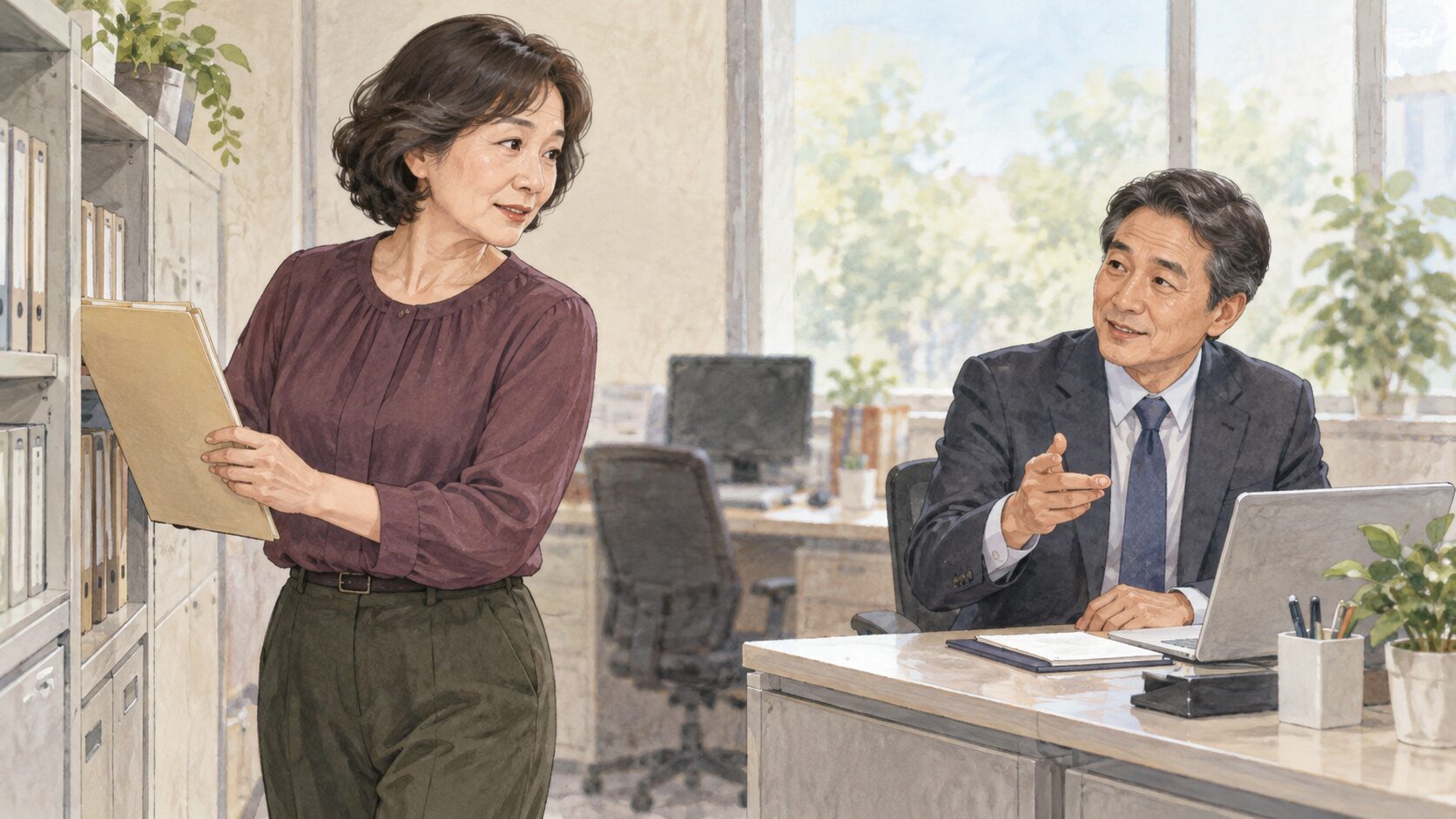 模擬職場でフォルダを持ったまま担当者へ手順を確認する50代女性