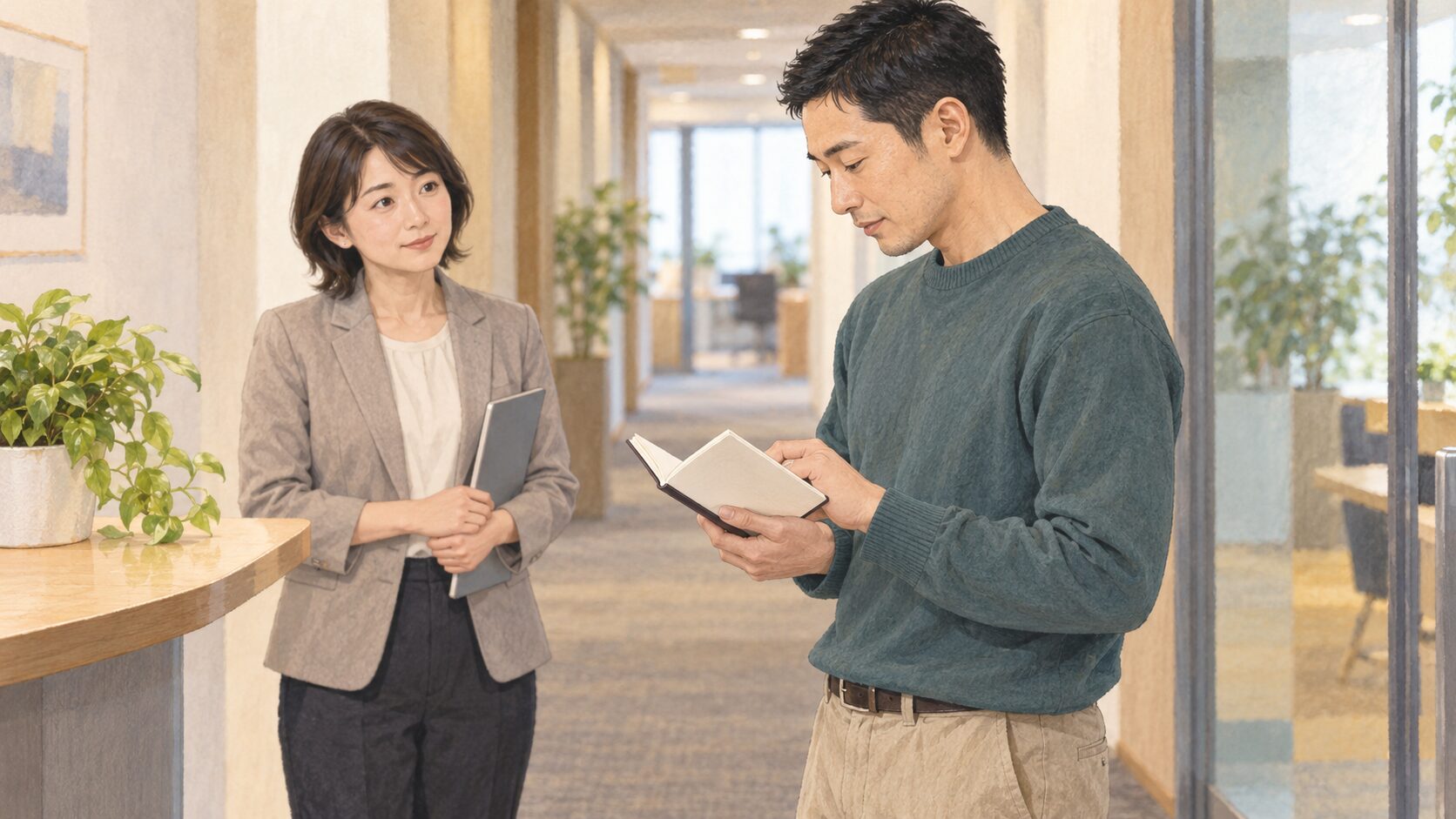 模擬職場の廊下で、声をかけた担当者を待たせず、無地の手帳を開いて確認する30代男性