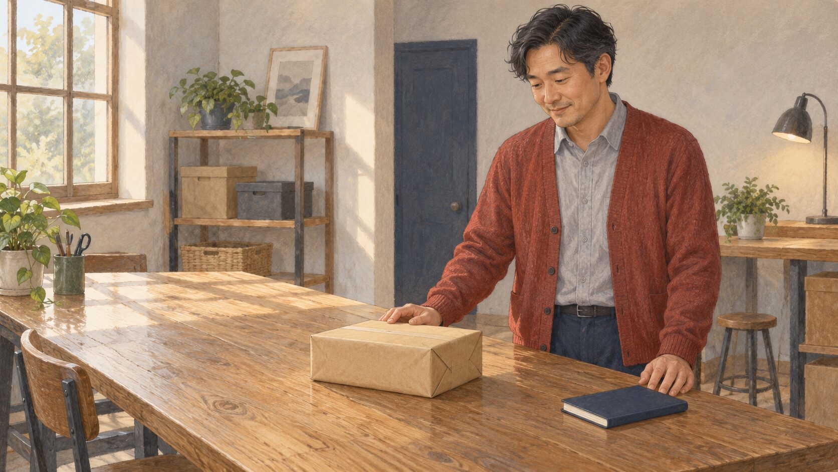 模擬職場の作業台で一つの荷造りを終え、無地のノートとともに自分の変化を振り返る40代男性