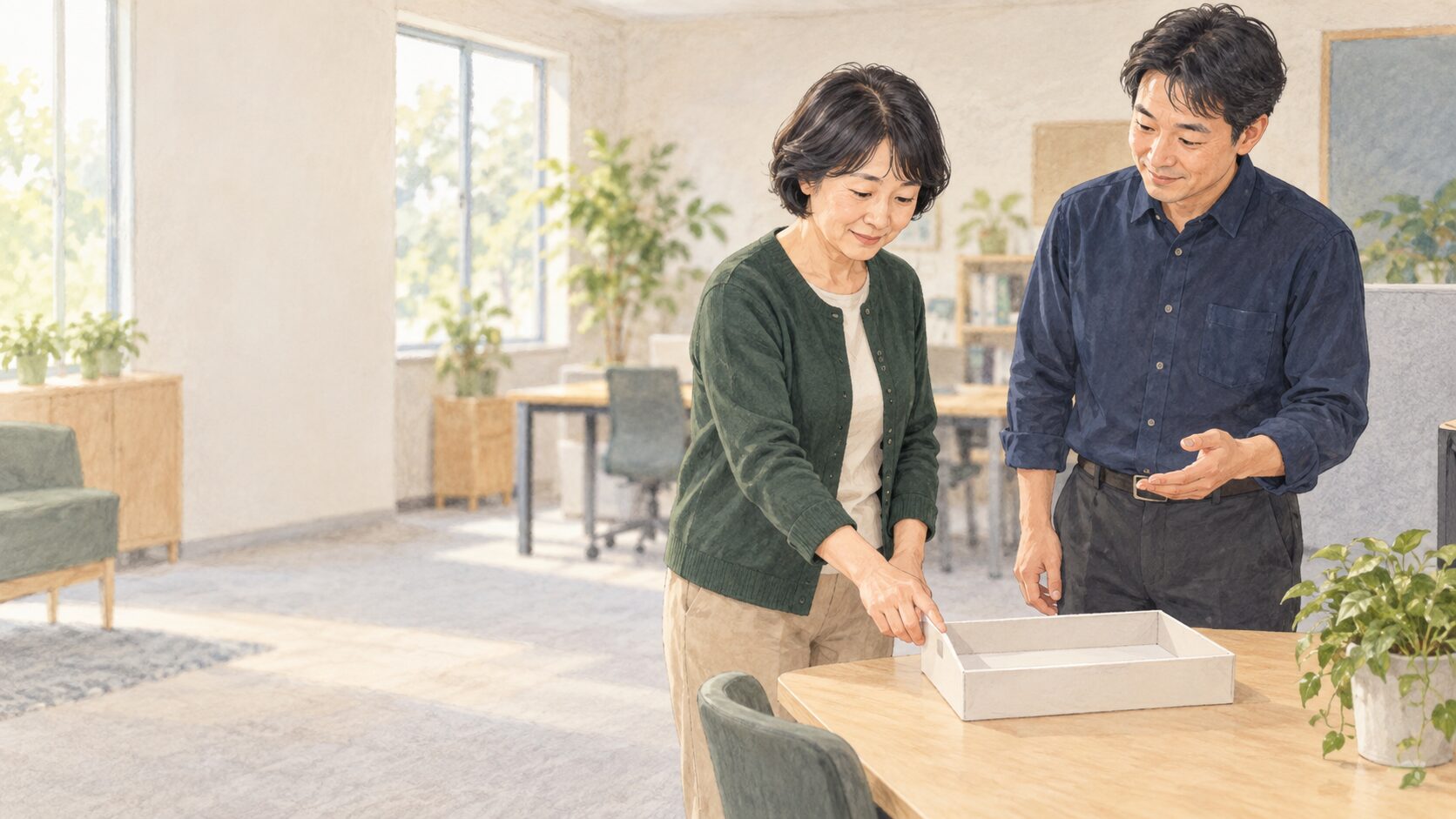模擬オフィスで50代女性と支援員が無地の書類トレーを前に開始前の確認をする