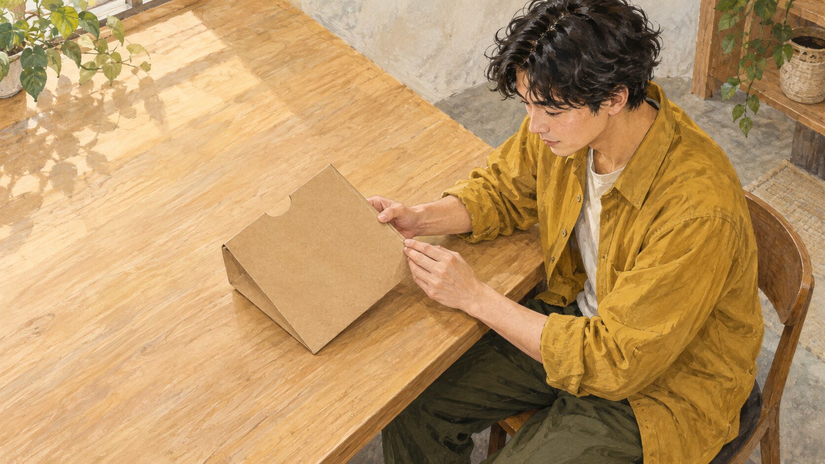 訓練室の大きな机で、20代男性が一つの無地の紙製ファイルの端を丁寧に確認する