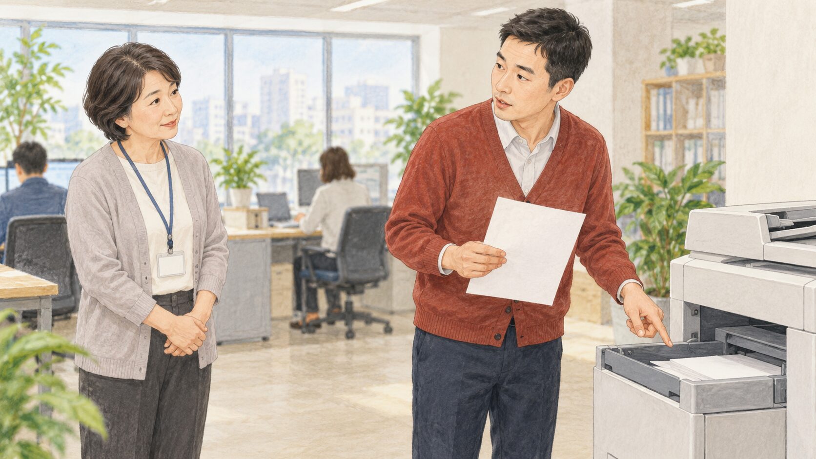 模擬オフィスの複合機前で、30代男性が一枚の無地用紙を持ち、50代女性支援員へ給紙工程を確認する