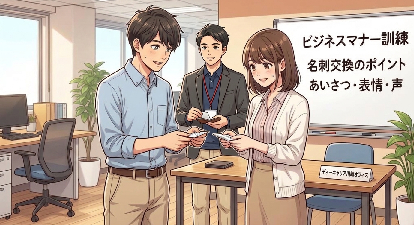 名刺交換のマナーを練習するディーキャリア川崎オフィスの利用者イメージイラスト