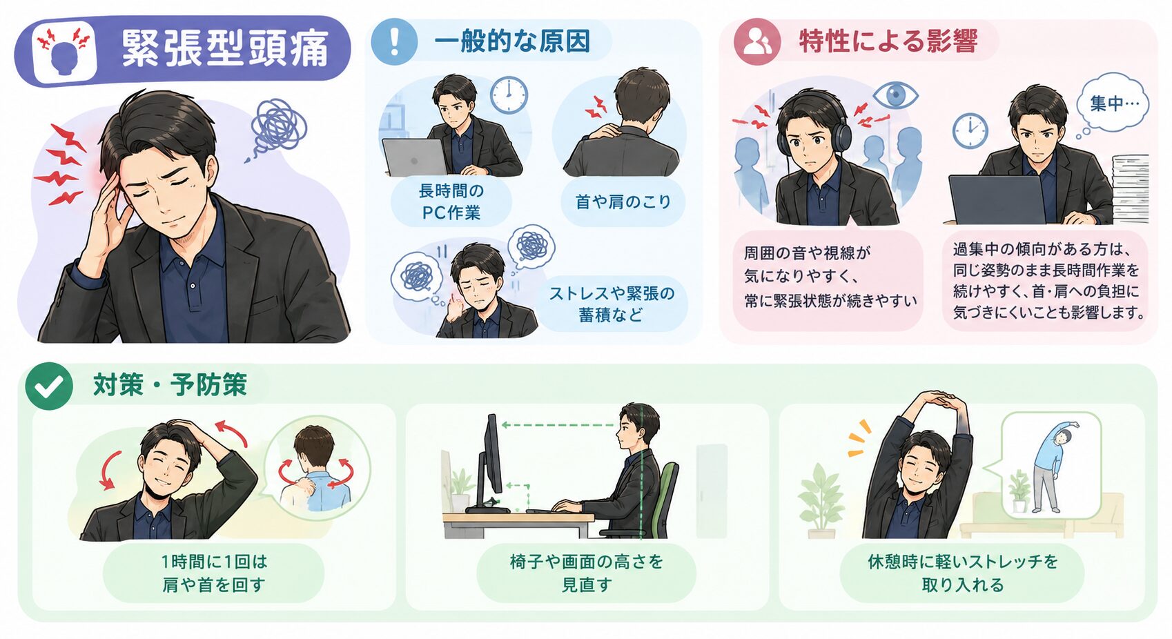 職場での頭痛対策 緊張型頭痛のイメージイラスト