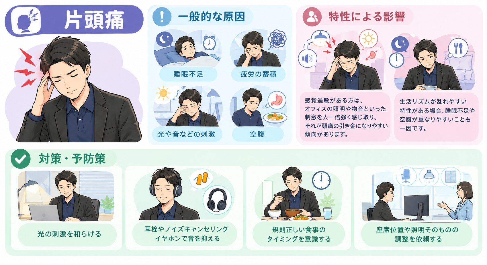 職場での頭痛対策 片頭痛のイメージイラスト