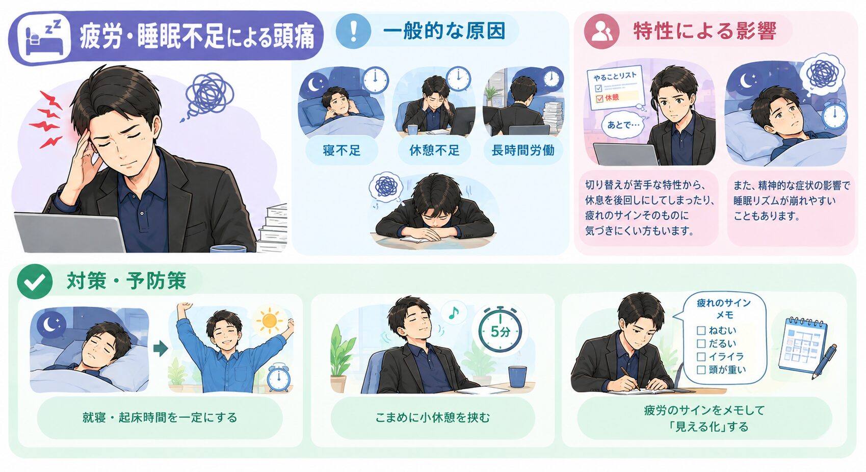 職場での頭痛対策 疲労・睡眠不足による頭痛のイメージイラスト