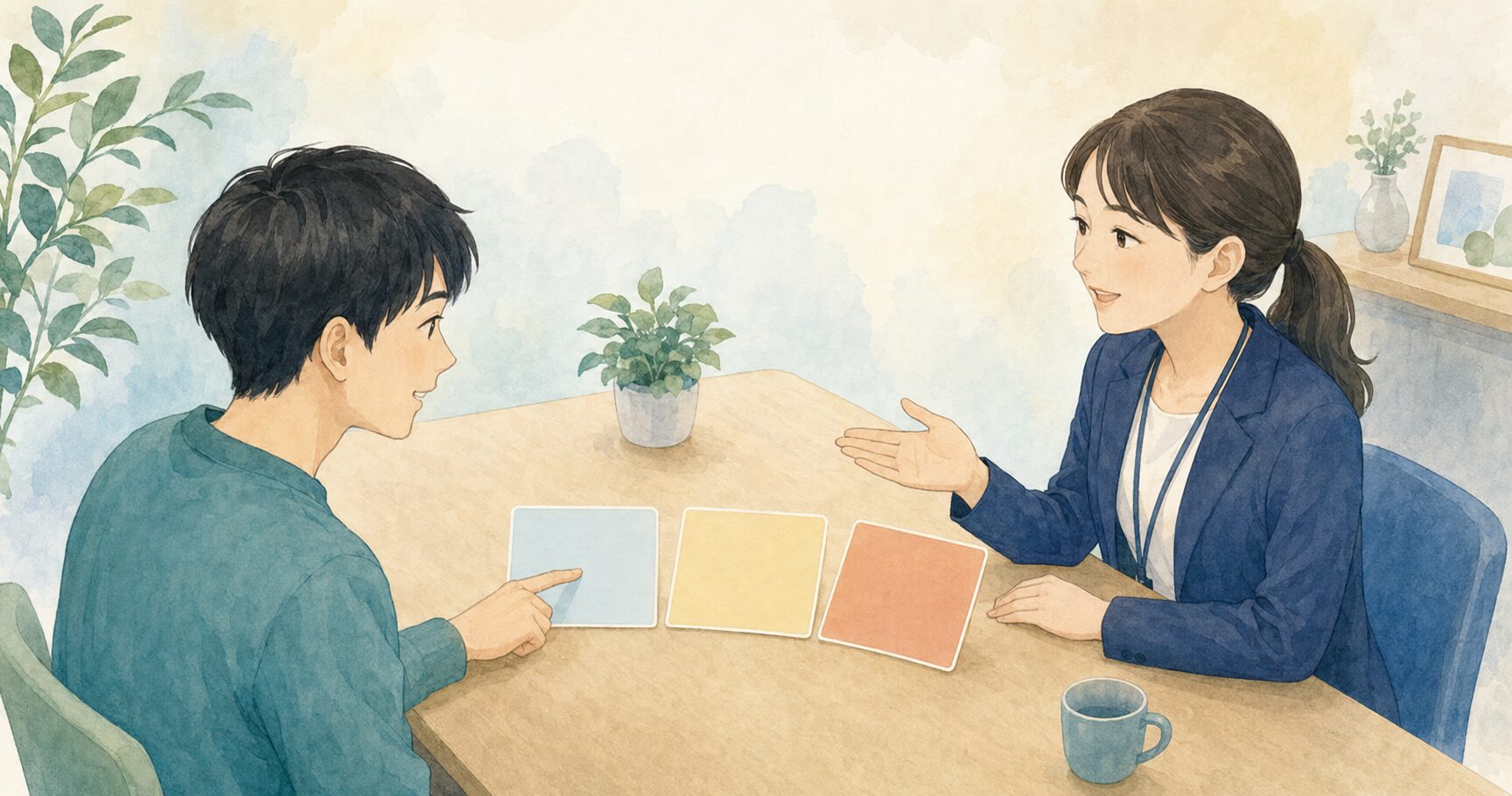 事実・影響・希望を三枚のカードで整理する場面