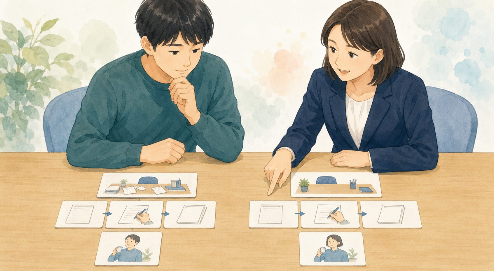 二つの作業場面を比べ、役立った条件を見つける場面