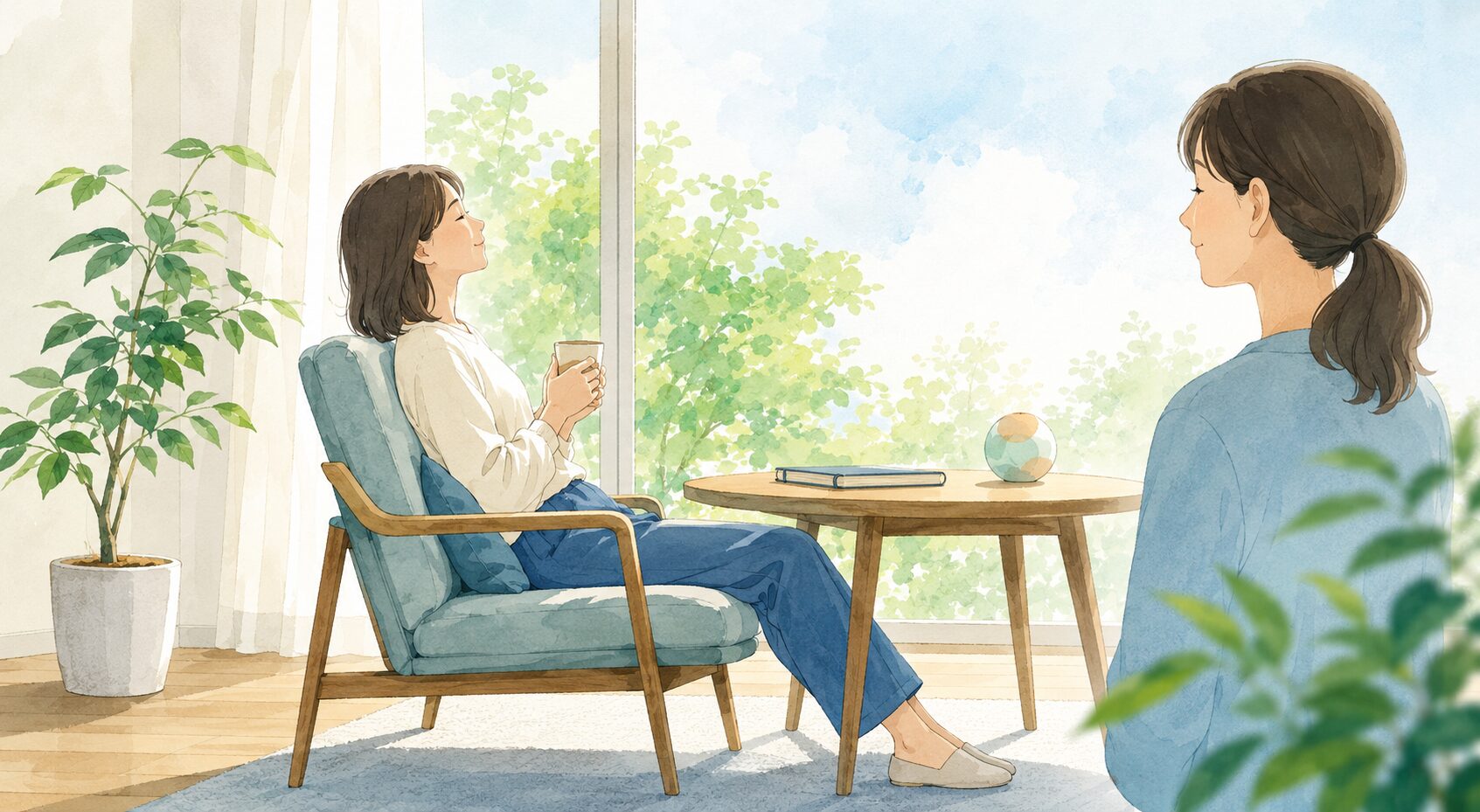 窓辺の椅子で肩の力を抜き、支援者が離れて見守る場面