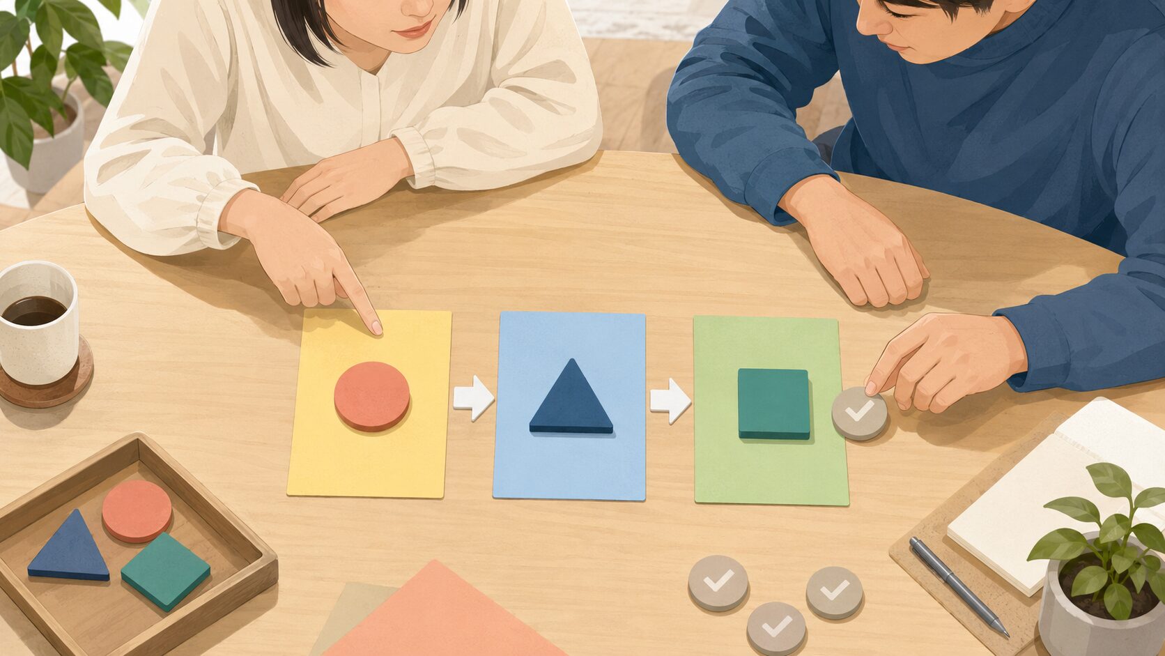 二人の手元で三枚の無地カードと幾何学モチーフを順番に整理する場面