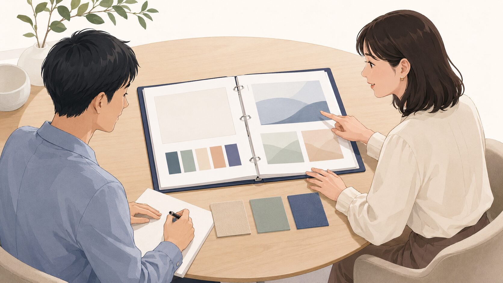 開いた作品ファイルの抽象的なパネルと素材を二人で振り返る場面