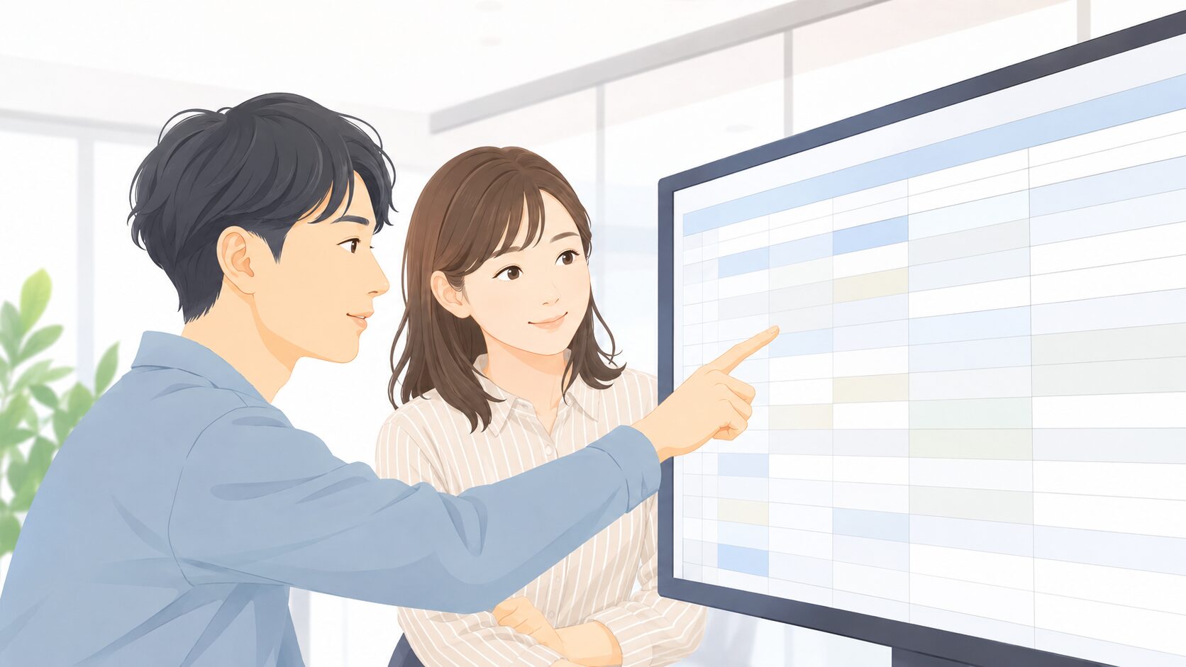 二人が大型モニターの一か所を指しながら入力結果を確認する場面