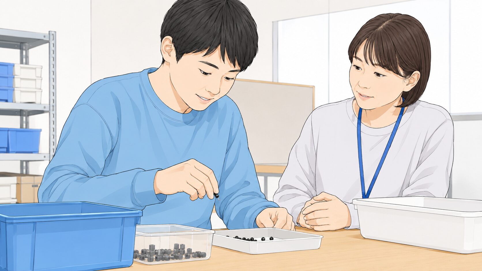 立ち作業台で参加者が部品を扱い支援者が見守る