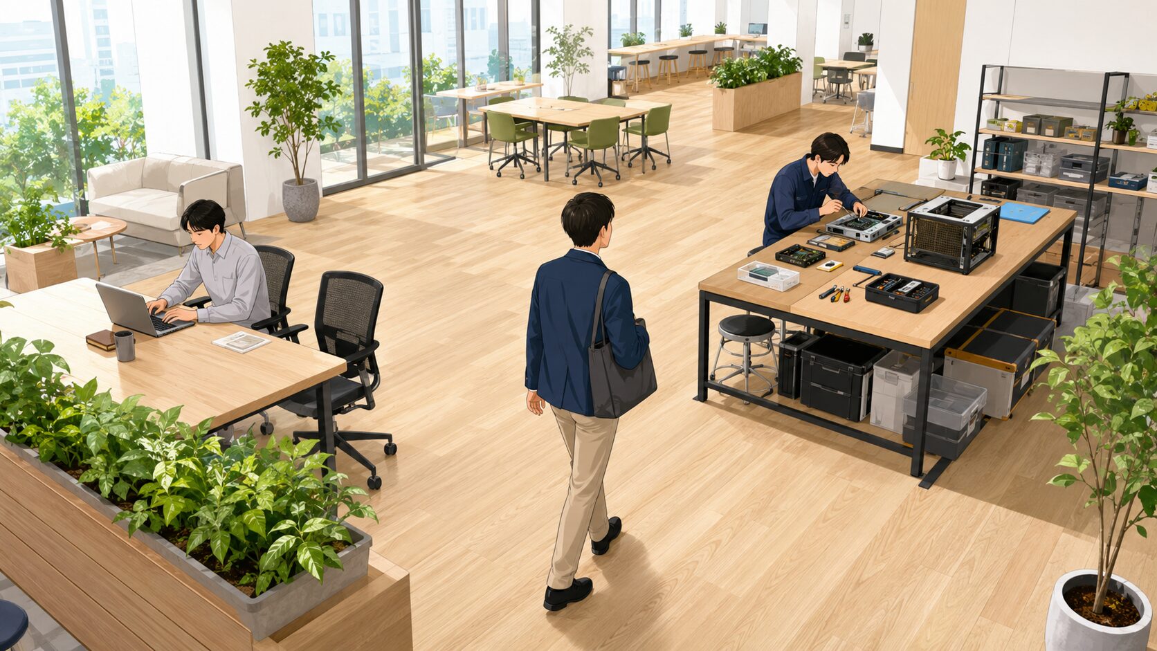 求職者がPC作業と機器整備の場面を見比べる