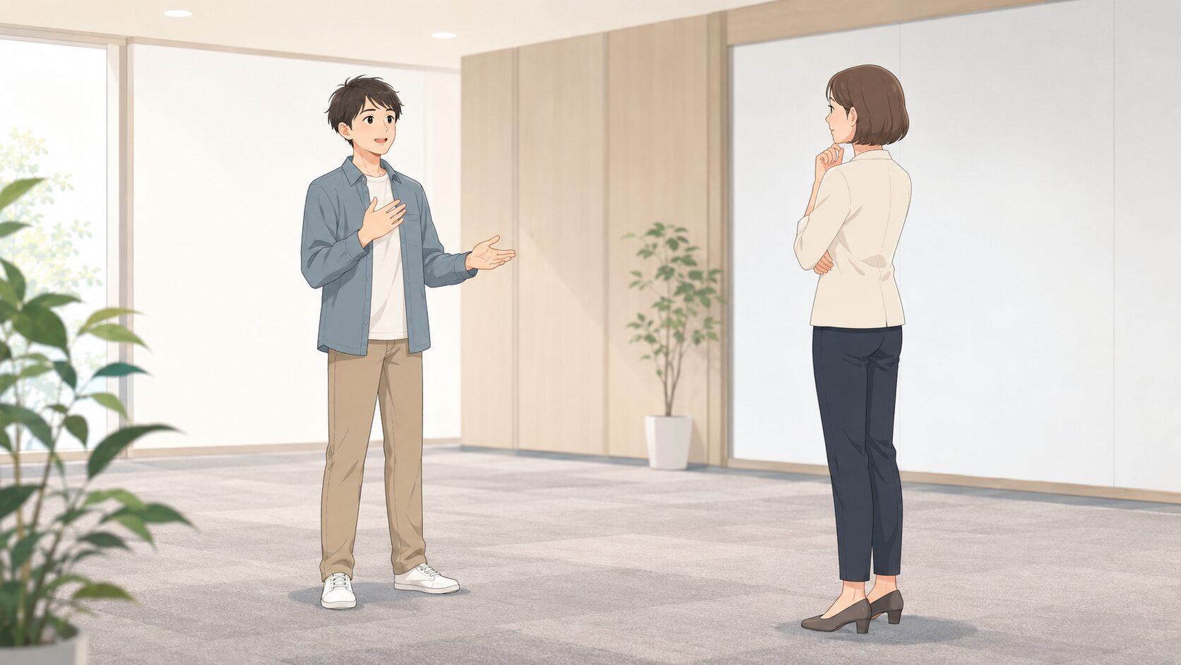 立った求職者が身振りを交えて説明し、支援者が聞く
