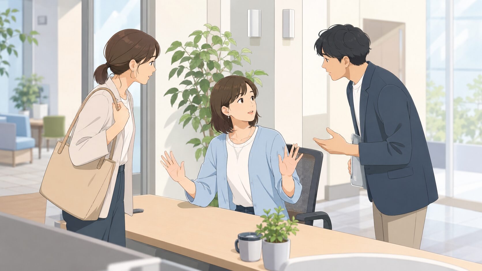 作業中の人が二人の同僚に手のひらを見せて確認する