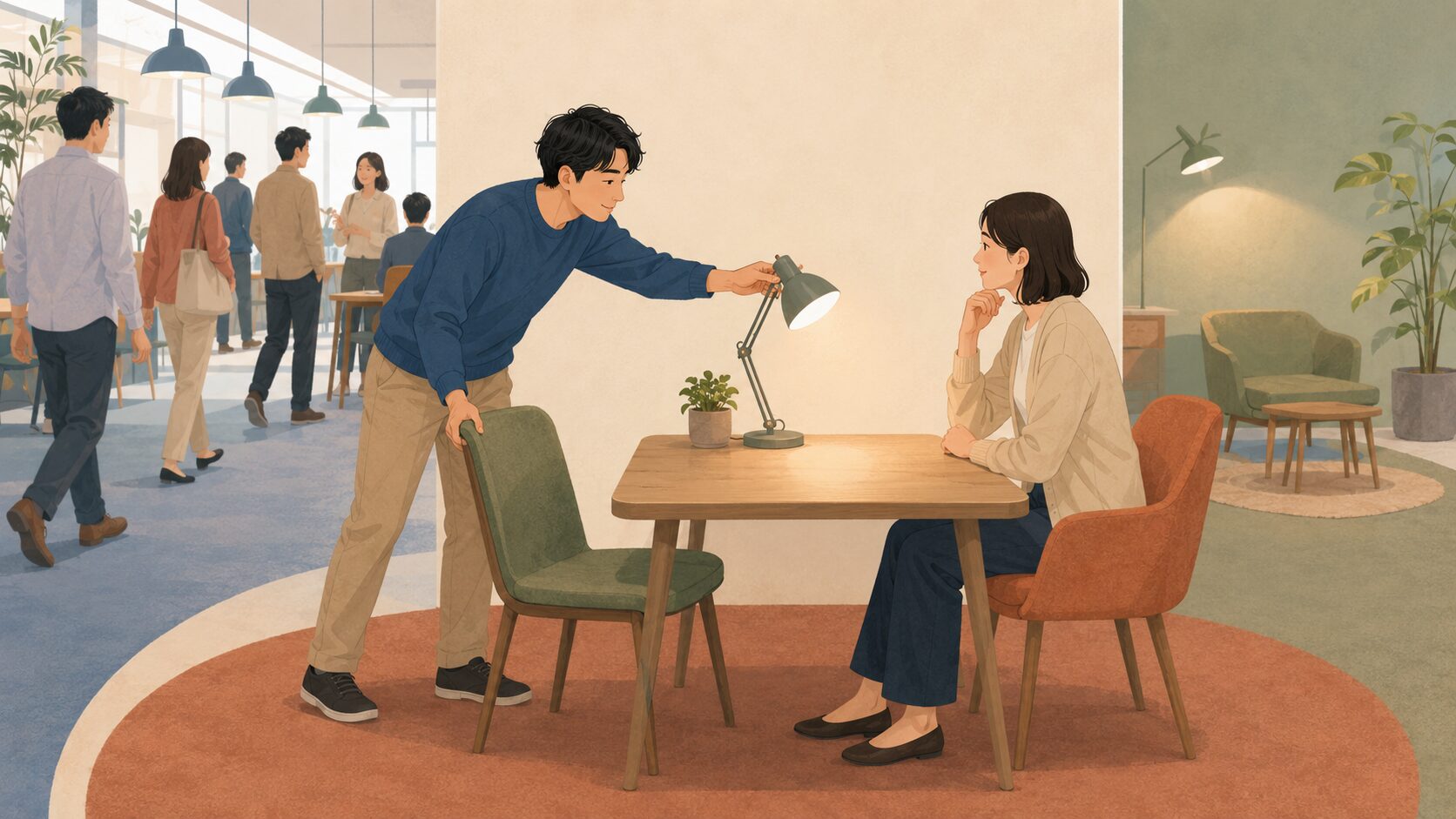 求職者が椅子の位置と照明を調整し、支援者が確認する