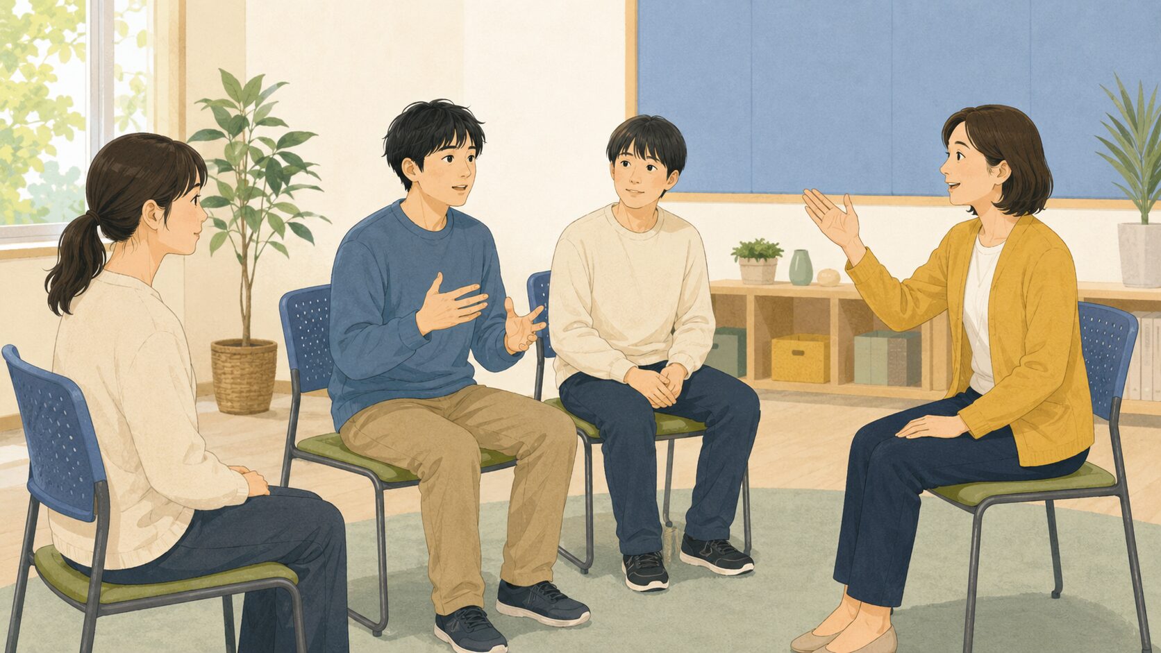 椅子を半円に変えた少人数の場で、参加者が短い説明を試す