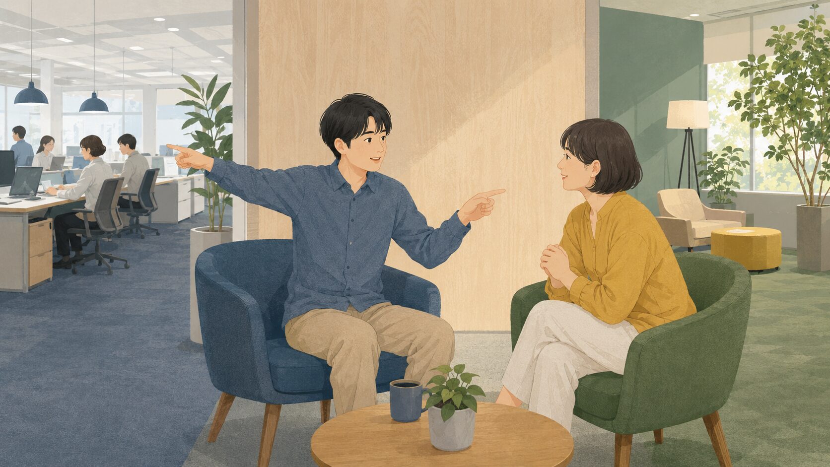 新入社員が忙しい区域と休憩区域を指し、支援者に説明する