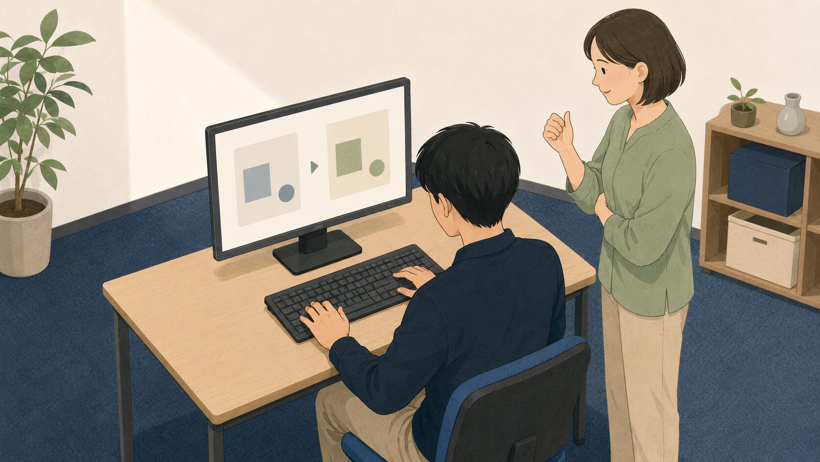 参加者が同じ操作を繰り返し、支援者が励ます