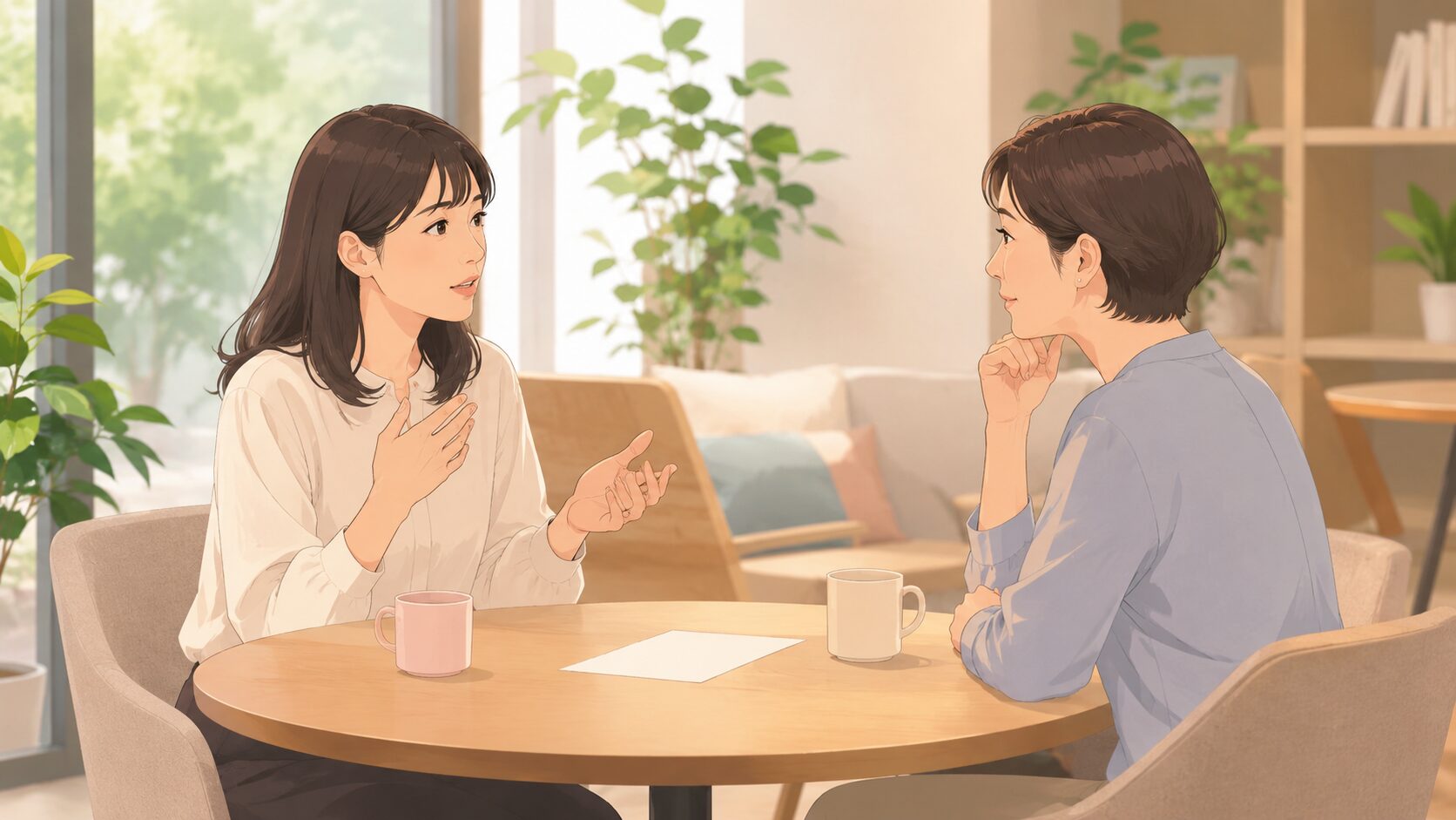 一般的な共有スペースで成人女性が支援者へ状況を話す