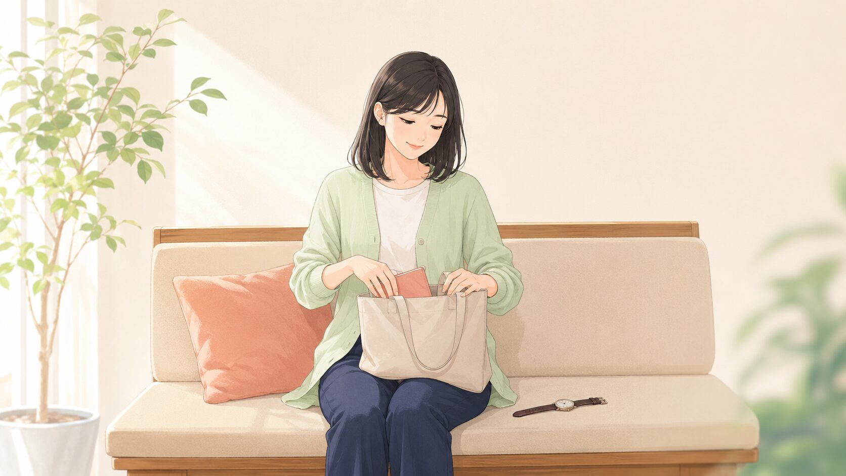 明るい一般的な室内で成人女性が通勤バッグの中身を整える