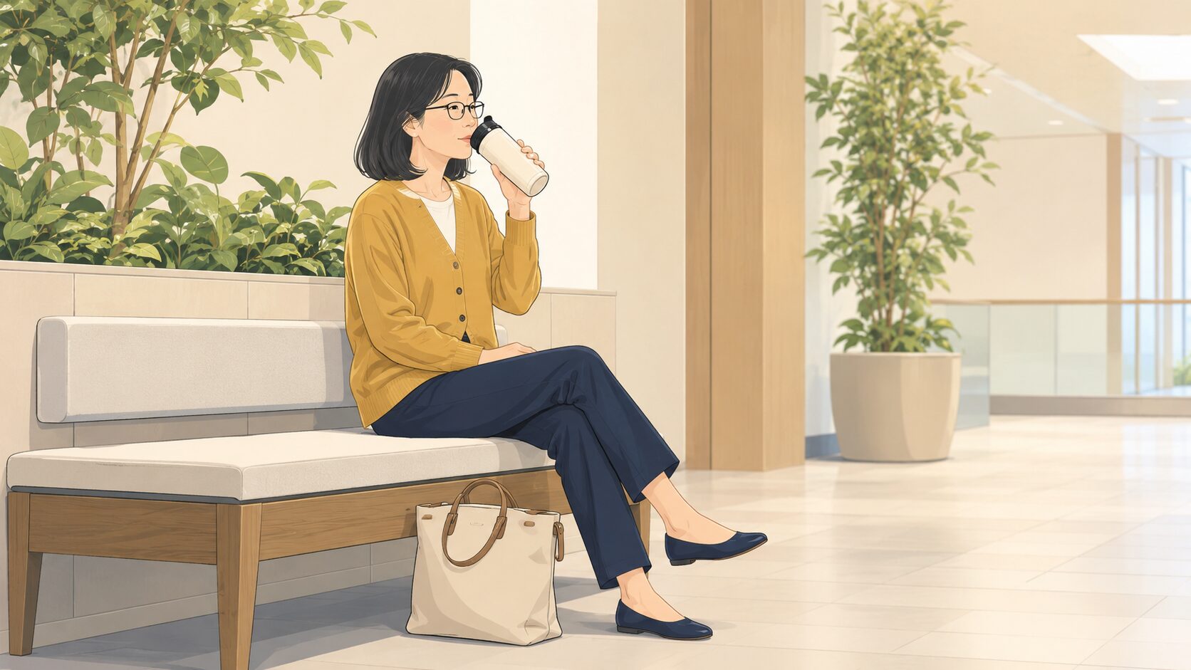 日本人女性が商業施設内の静かな休憩スペースで飲み物を手に落ち着いて待っている