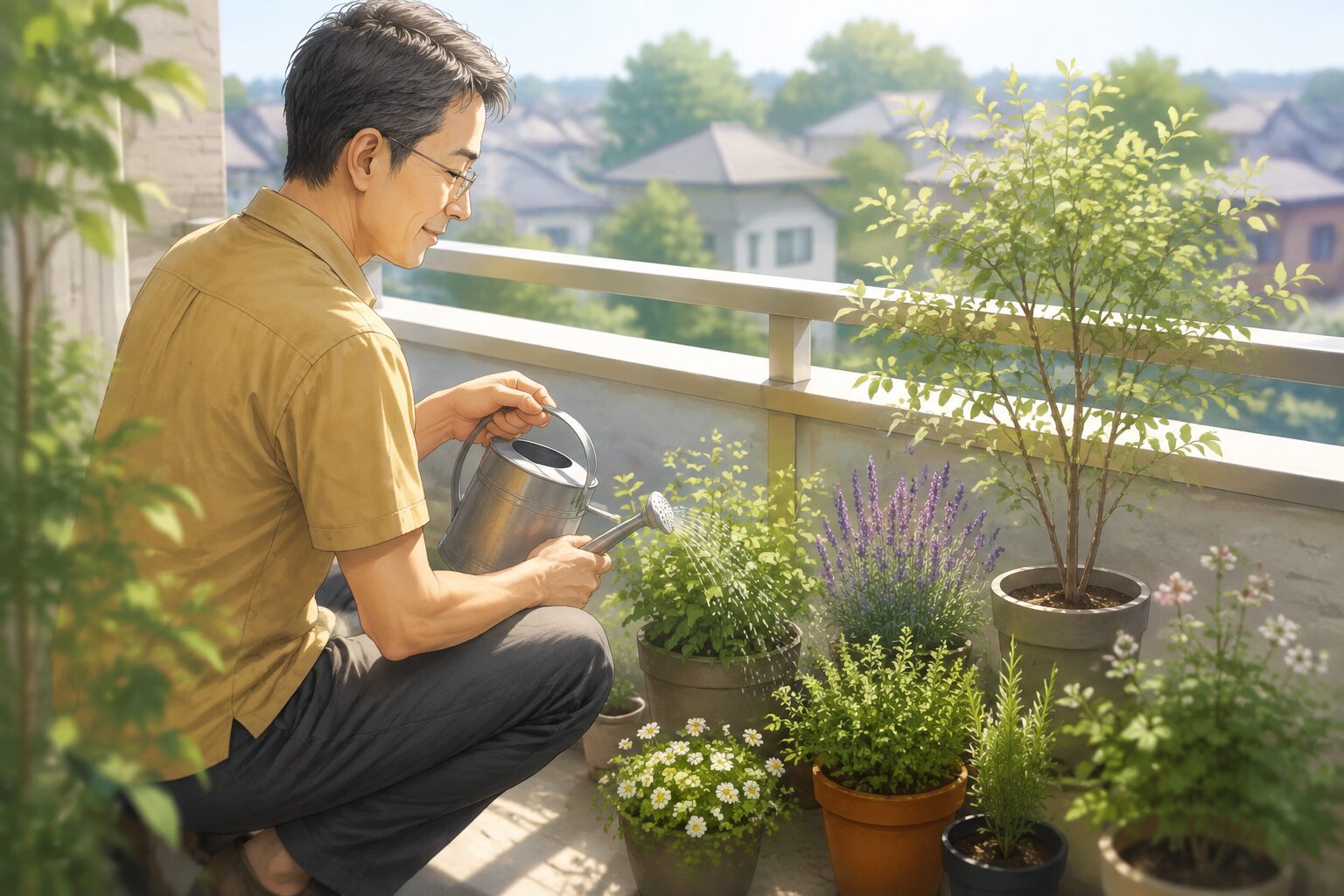 休日の朝、自宅バルコニーで鉢植えへ水をやる