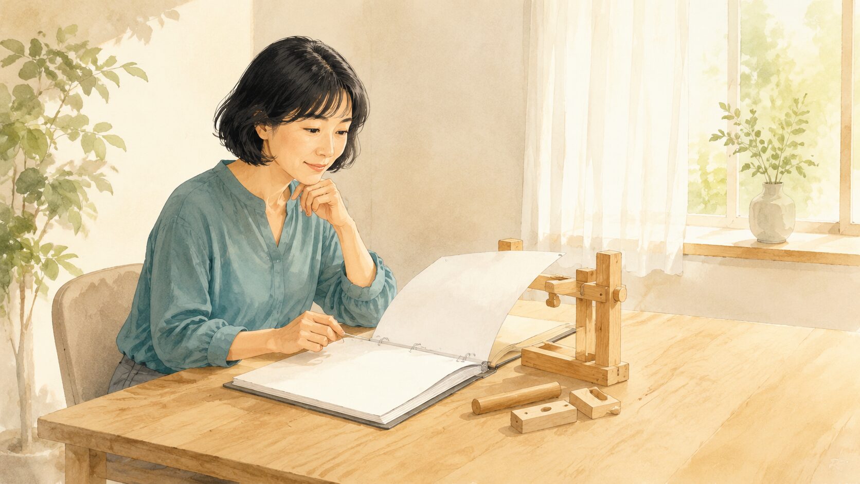朝の作業机で、女性が無地のファイル式説明資料と木製道具を見比べる