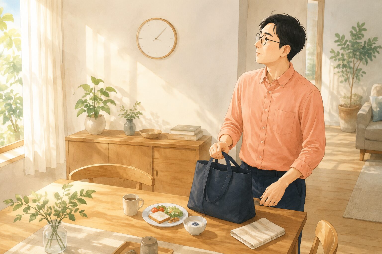 朝の自宅ダイニングで、男性が朝食と通勤バッグを整え時計を見る