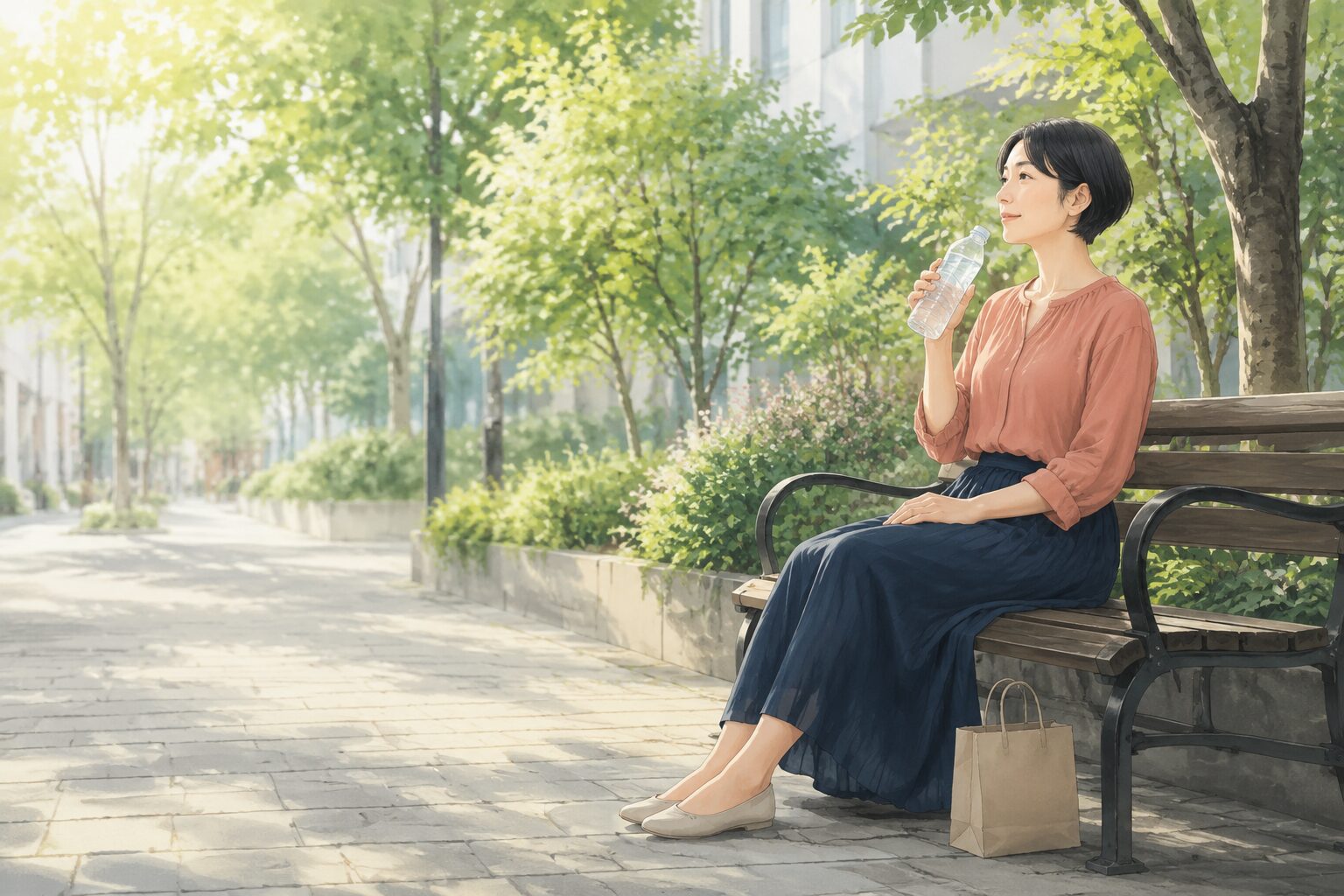 午前の街中の休憩スペースで、女性が短い外出の途中にベンチで休む