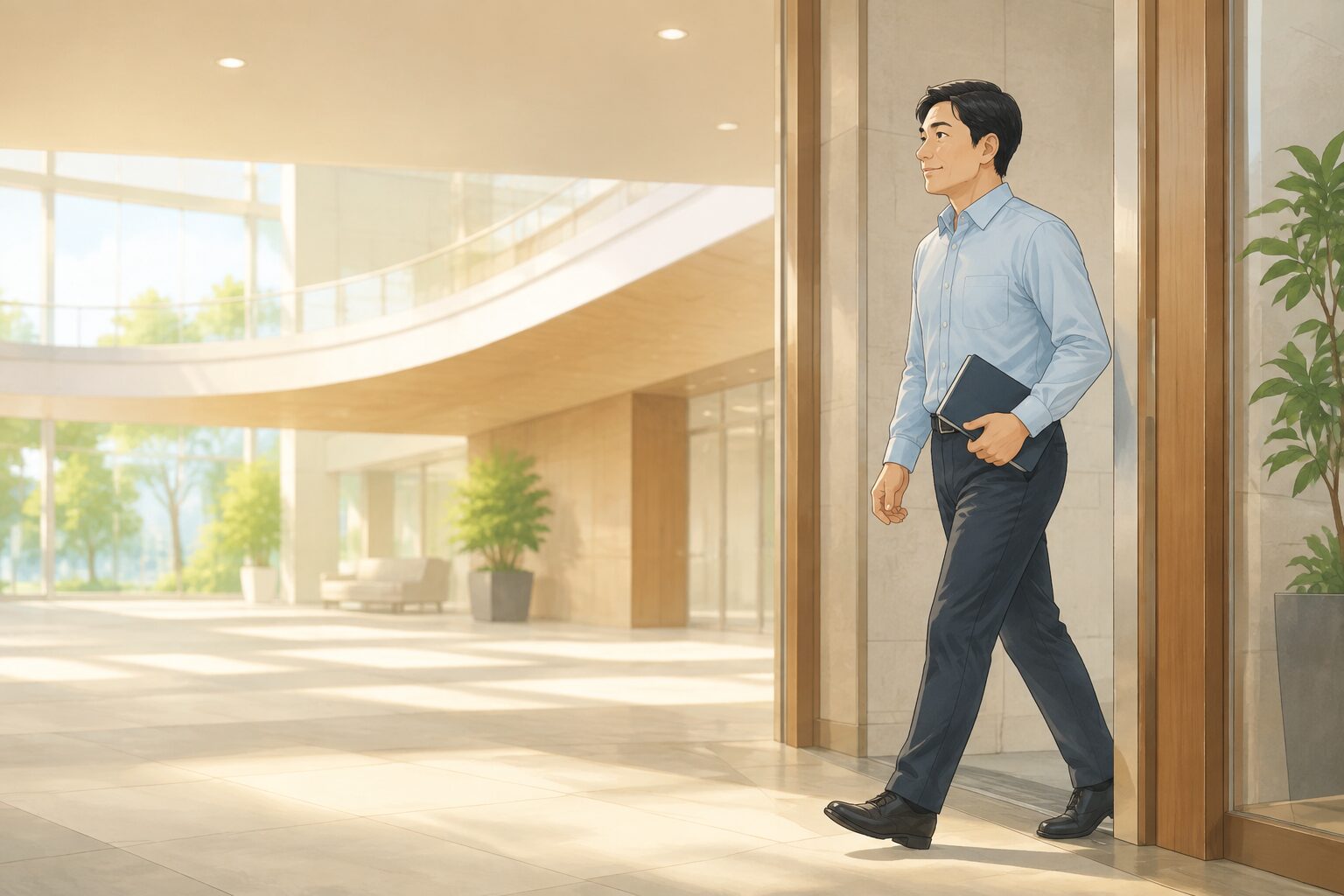 明るい公共施設の入口で男性が一歩を踏み出す