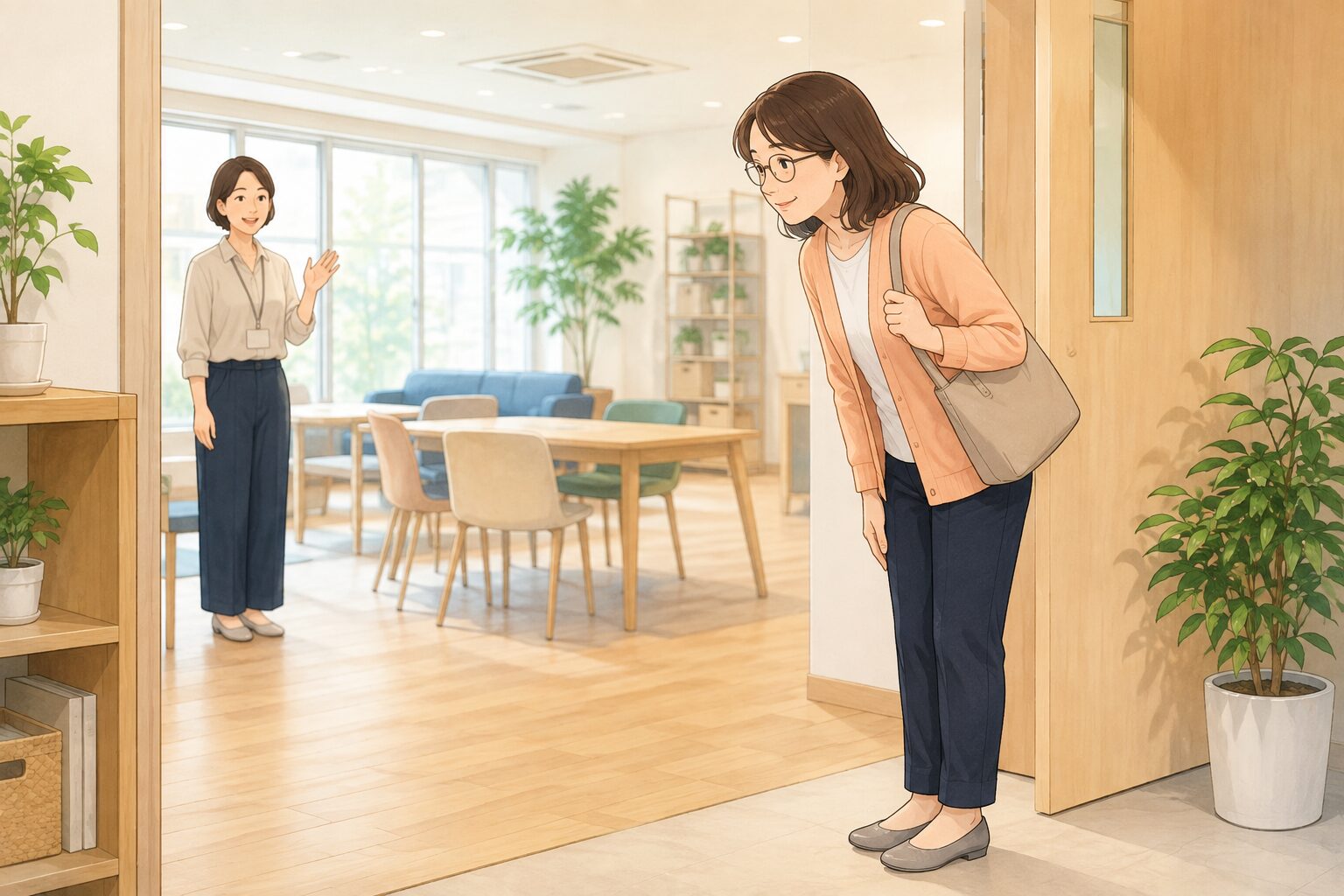 共有ワークスペース入口で女性が会釈しスタッフに迎えられる