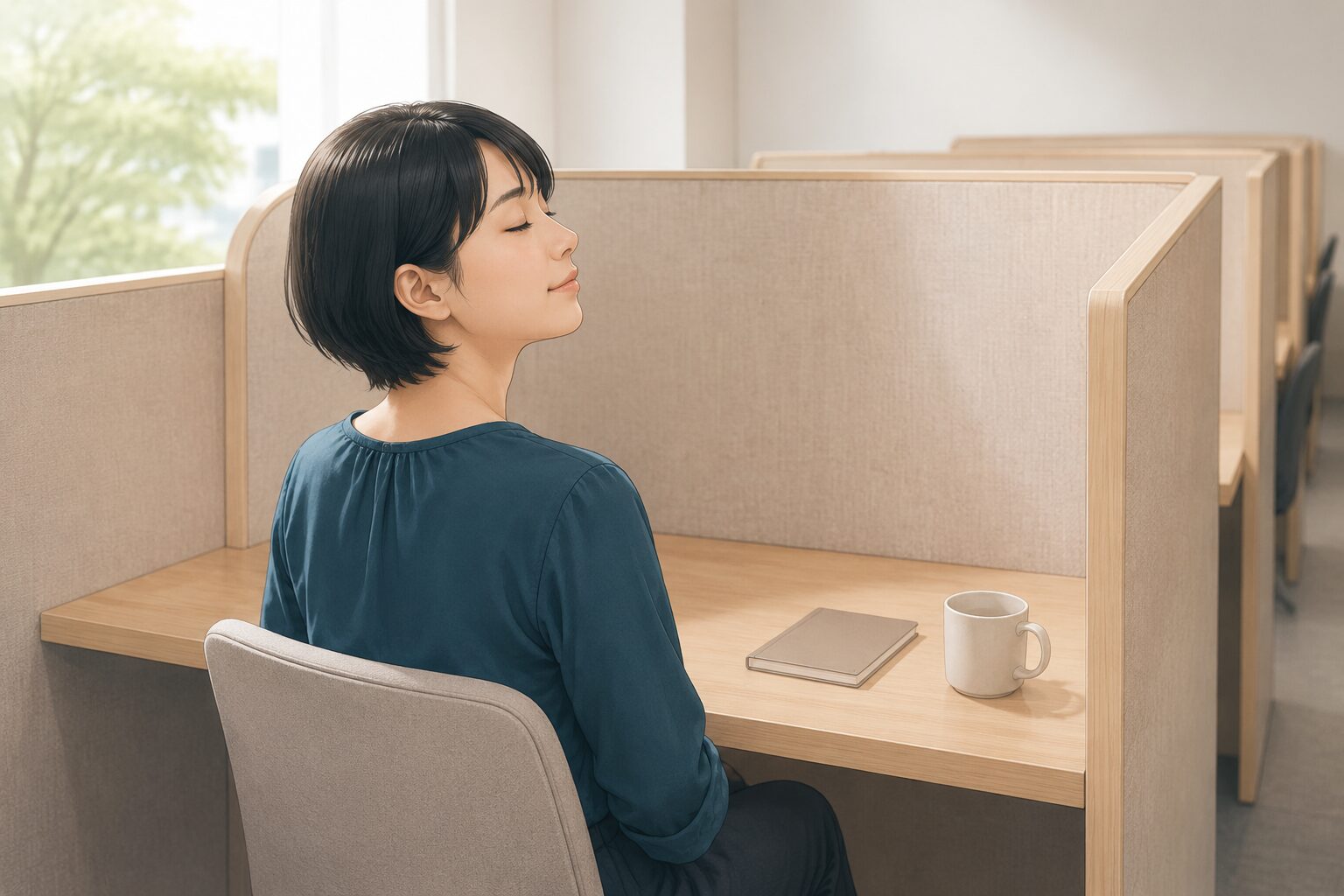 個別ブースで女性が作業を止め静かに呼吸する