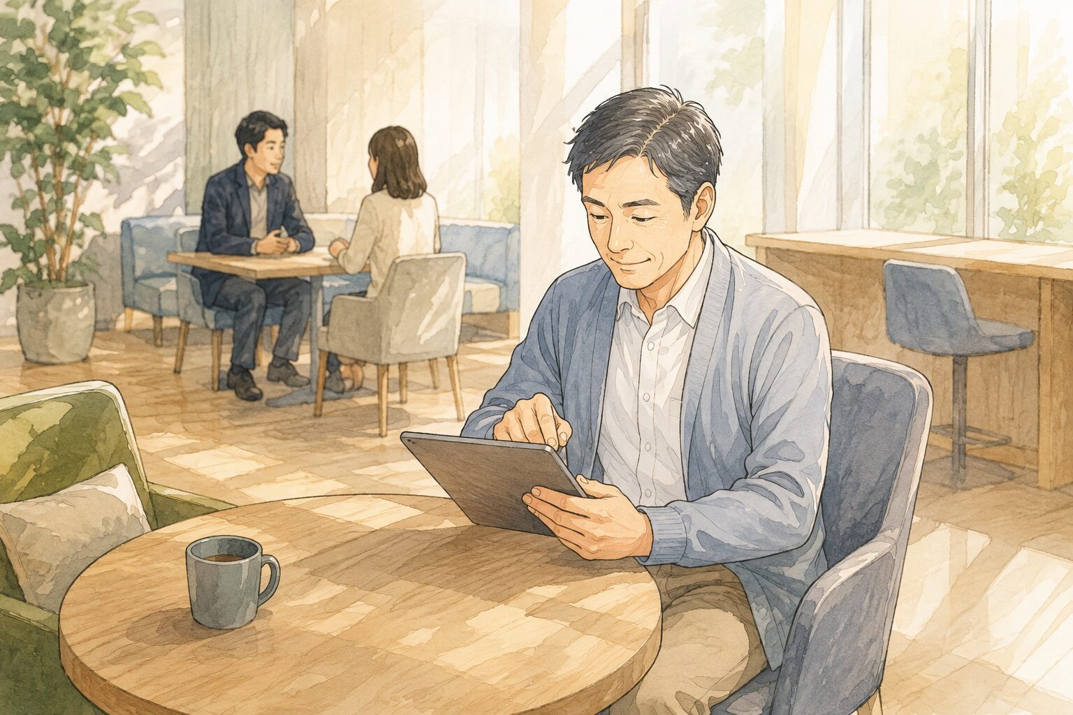明るい共有ラウンジで男性がタブレットから短いメッセージを送り、背景では同僚が打ち合わせ中