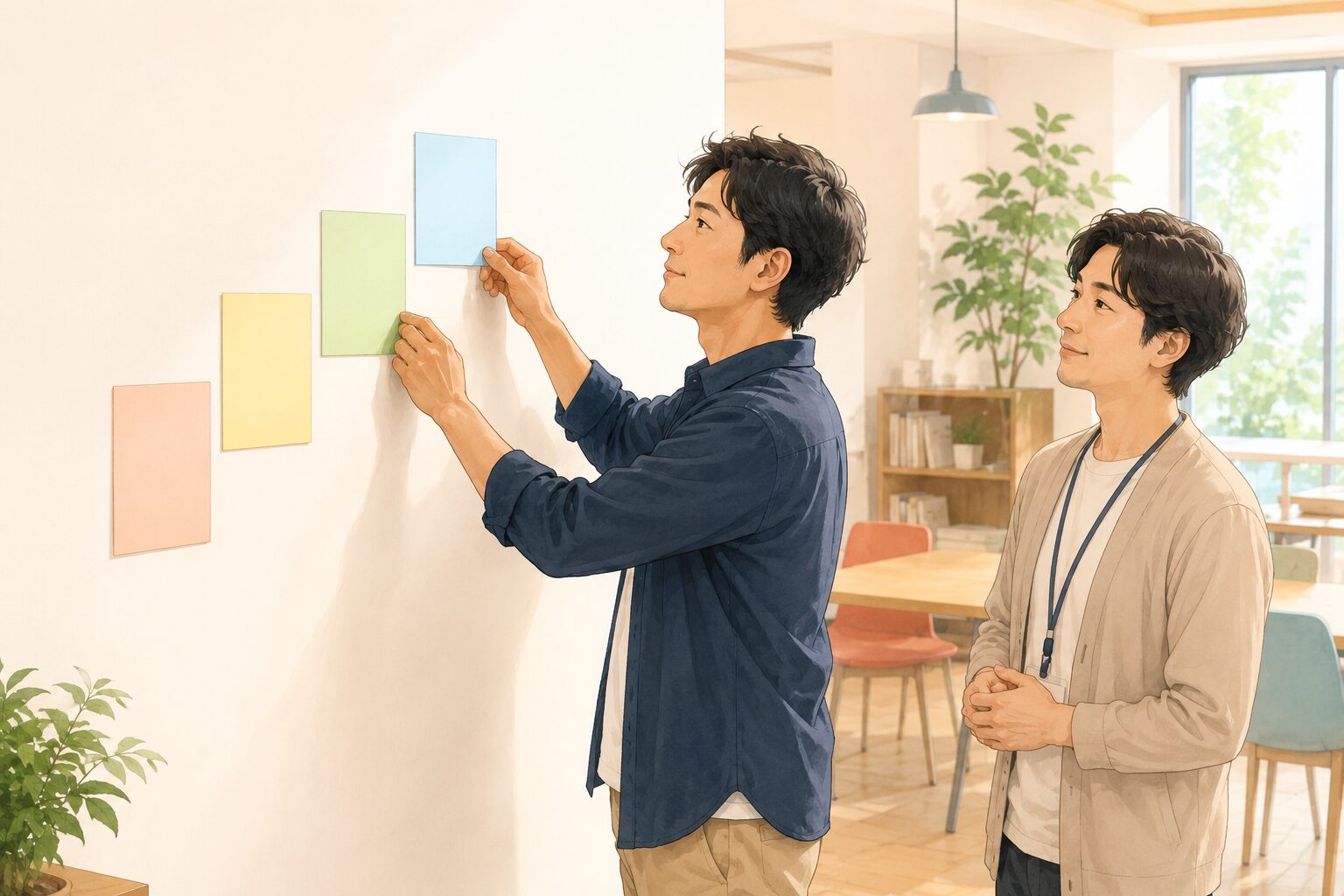 明るい共有学習スペースで男性が四枚の無地カードを段階的に並べ、支援者が見守る