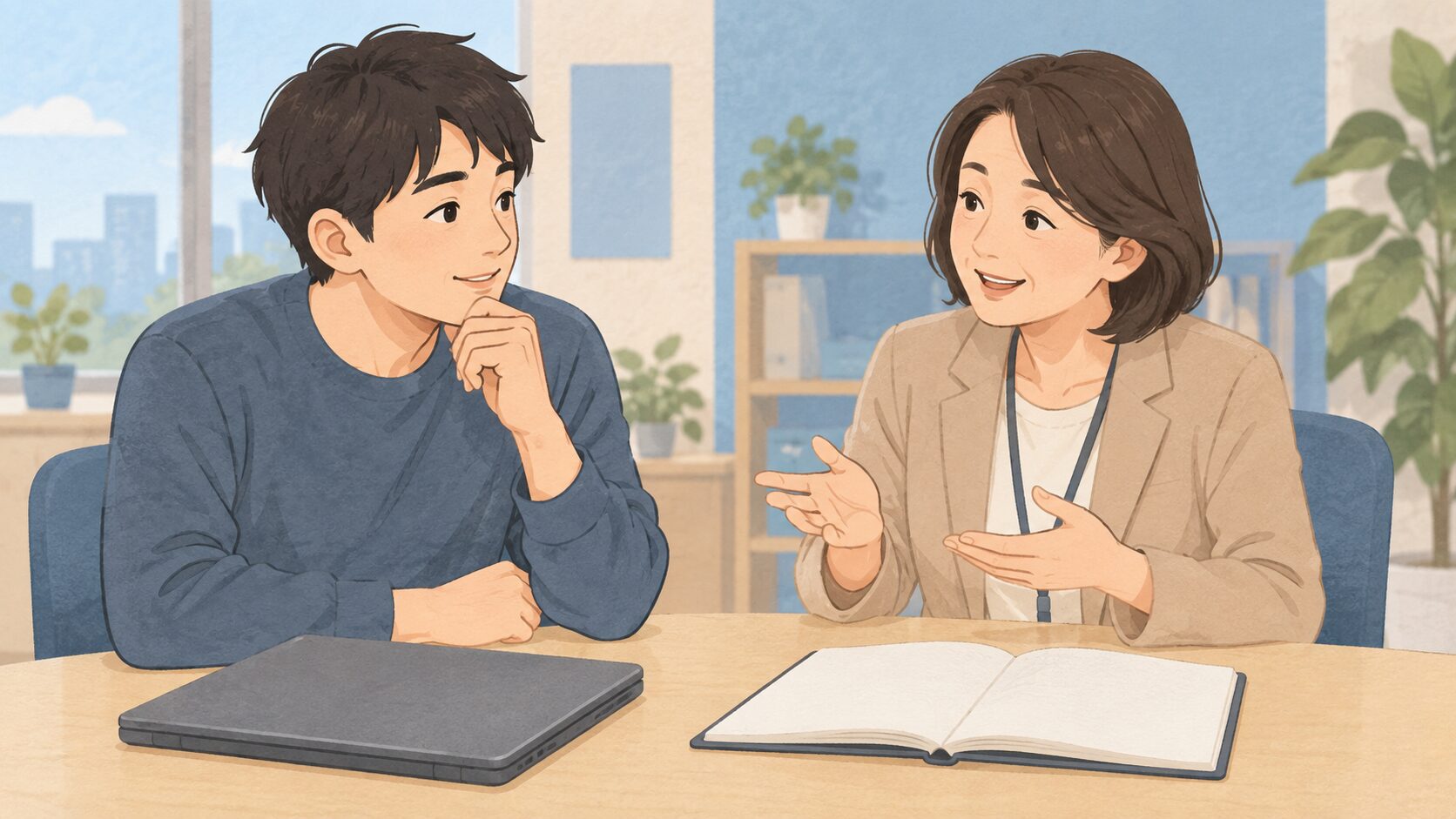 利用者が支援員とIT職場体験前に、指示の受け方と質問方法を確認する