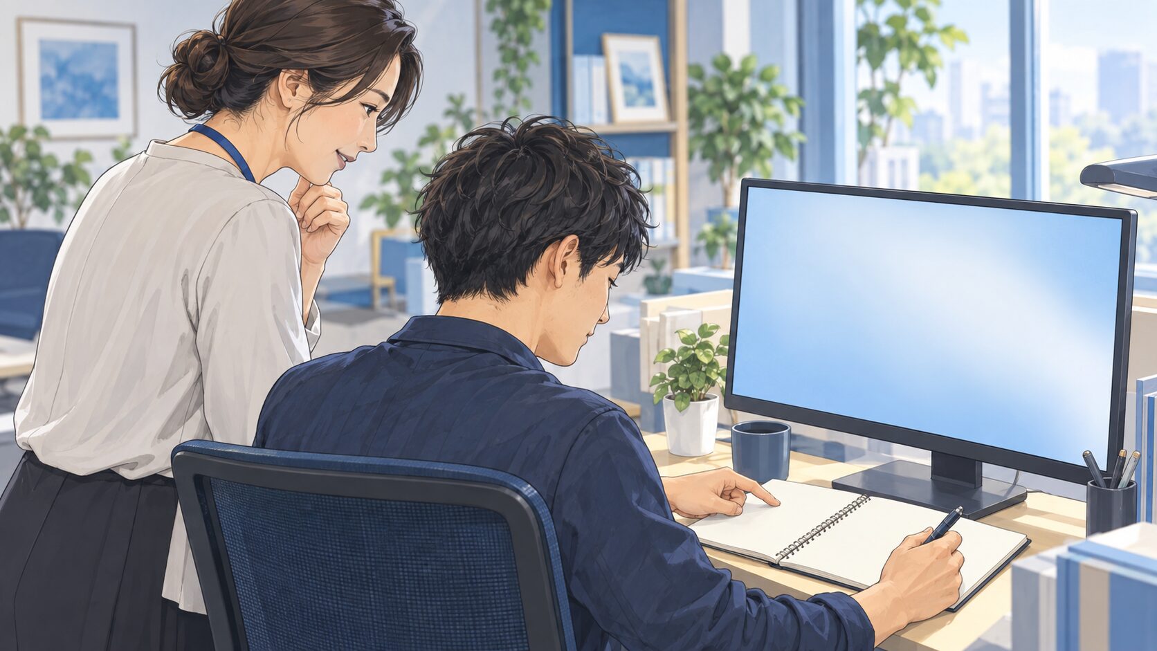 IT作業後に利用者と支援員が画面の見えないモニターと一冊の記録を使い、止まった工程を振り返る