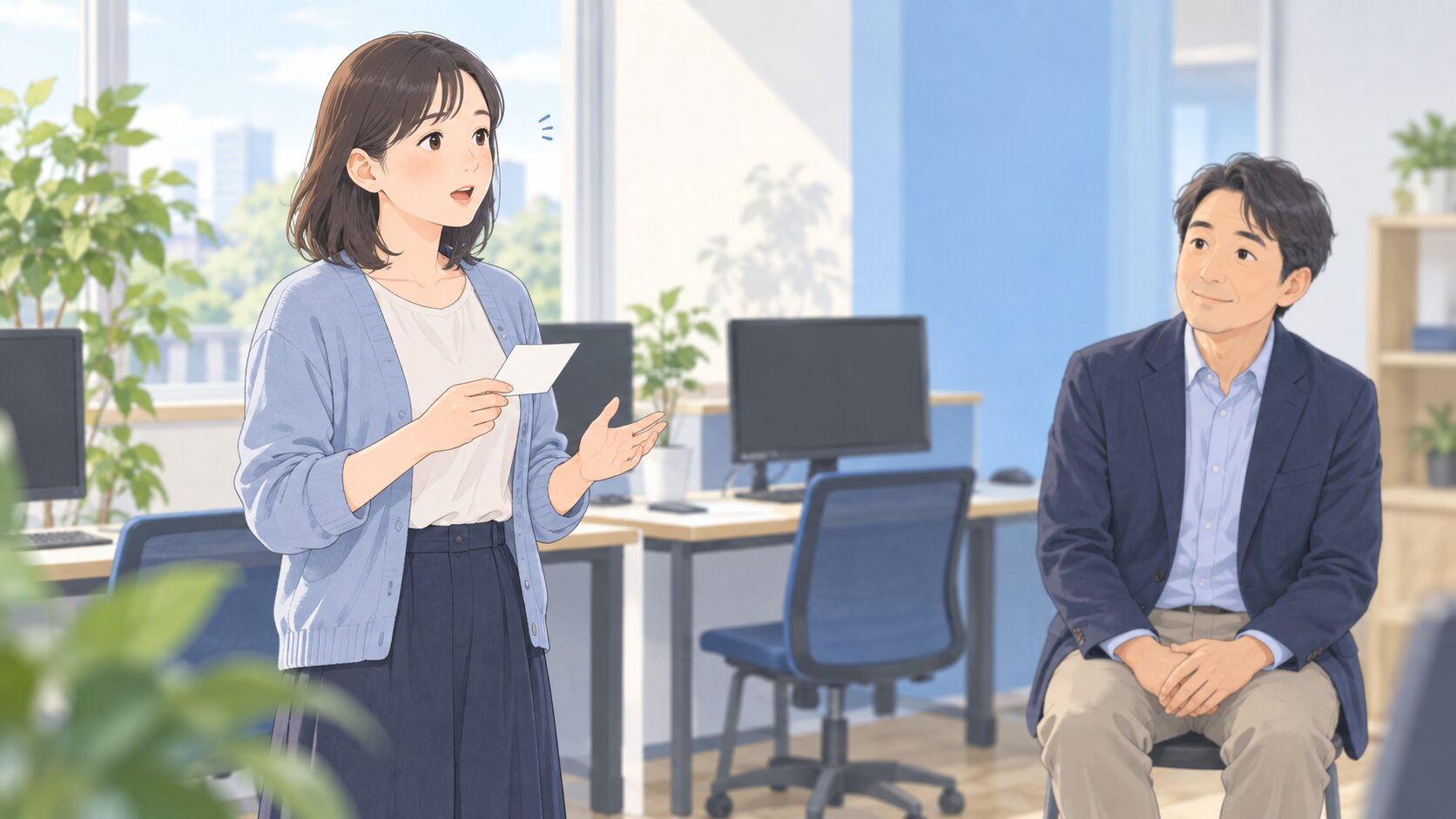 利用者が一枚の無地メモを手にIT作業の進捗報告を練習し、支援員が聞く