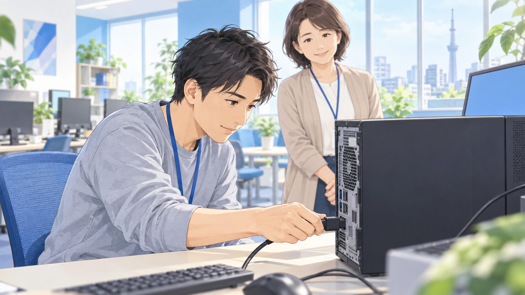 利用者がデスクトップPCへ一本のケーブルを接続し、支援員が見守る