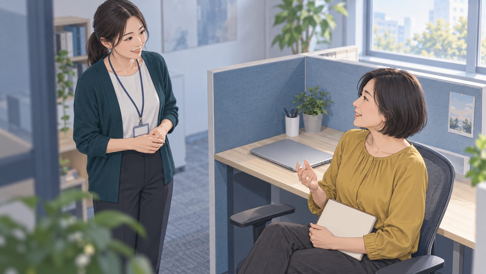 利用者がIT課題を終えて無地のノートを持ち、支援員へ取り組み方と疲れ方を報告する