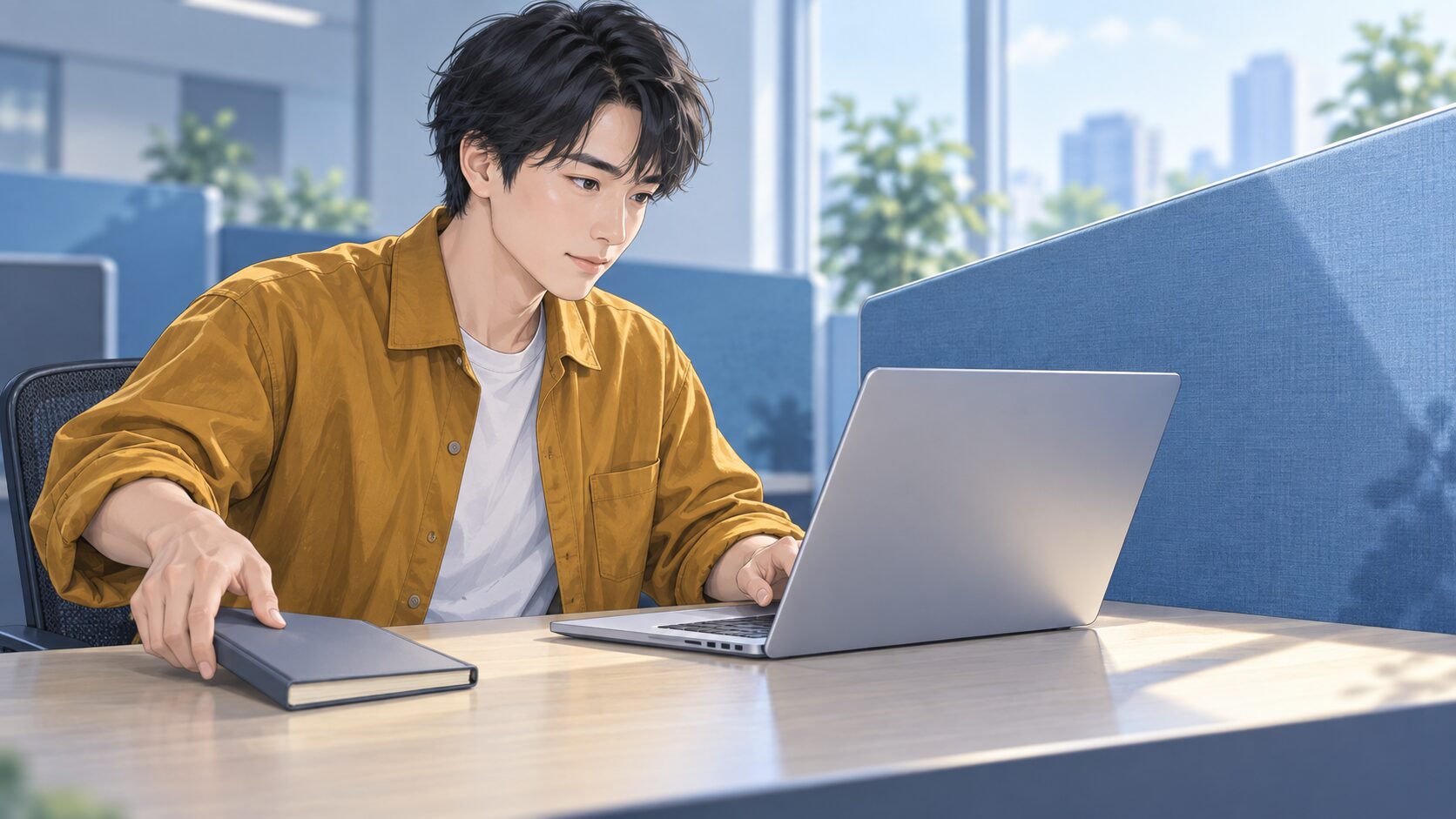 利用者が個別ブースでノートPCへ集中する前に、横の一冊の無地ノートを閉じる