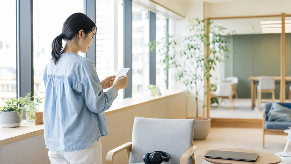 オフィスの休憩スペースでタスクカードを確認する女性