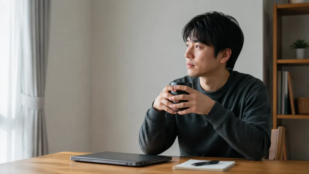 自宅で温かい飲み物を持ち、仕事の合間に休息を取る男性